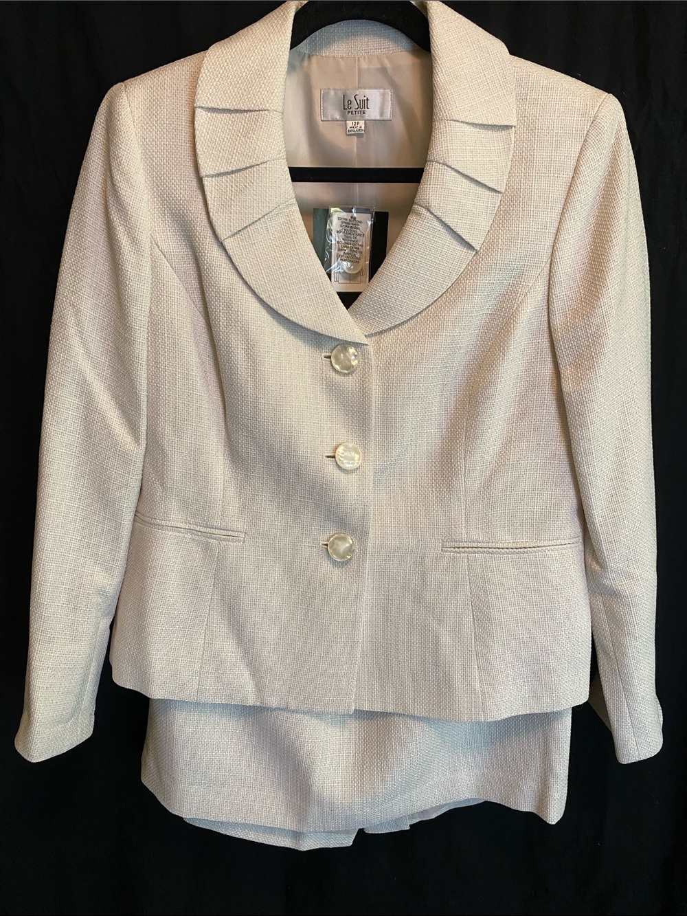 Vintage Le Suit Cream Textured Notch-Collar Skirt Suit